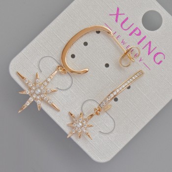 Xuping 'Star' stud earrings with white bead and crystals, diameter 19mm, 12mm +-, length 42mm, 35mm+- 18K gold plating