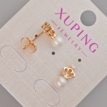 Xuping 'Crown' Stud Earrings with White Bead and Crystals, 12×6 mm diameter, 18K Gold Plating