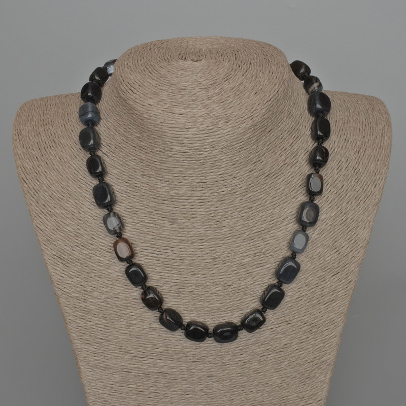 Black Agate Necklace, Natural Stone Bar Beads, 9×12 mm, Length 49 cm+
