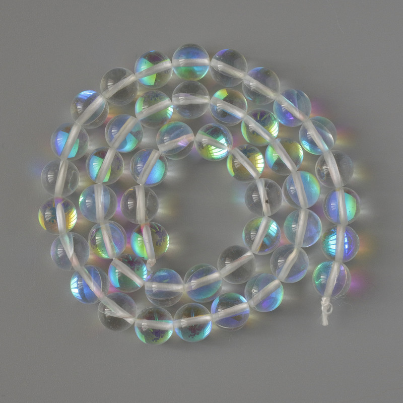 Opal glass beads, smooth round ball, white transparent chameleon, 8 mm diameter +/-, 38 cm length +/- on thread