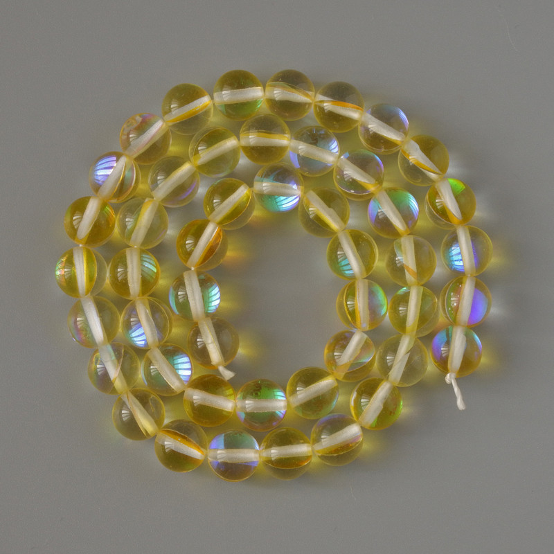 Opal glass beads, smooth ball, yellow transparent chameleon, 8 mm diameter, 38 cm length on thread