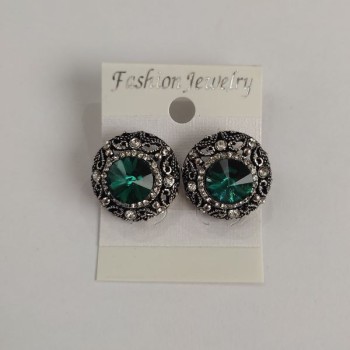 Stud earrings with round green crystals, delicate filigree setting, rhinestones, diameter 20 mm