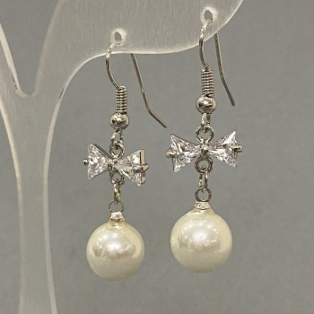 Earrings with White Crystal and Bead, 10 mm diameter, 36 mm length, Rhodium Plating