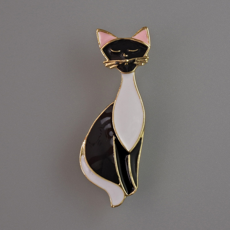 Cat Brooch with Black and White Enamel, Golden Metal 37x13mm