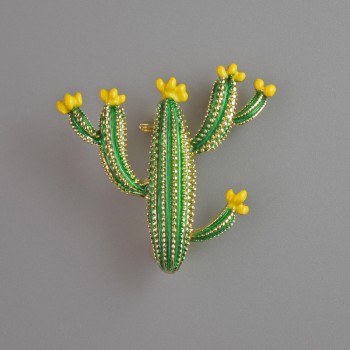 Cactus Brooch Pendant, Green and Yellow Enamel, Golden Metal, 31×33 mm