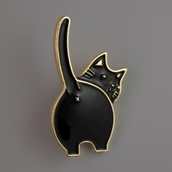 Brooch 'Kitty' black enamel, gold-tone metal 37x20mm