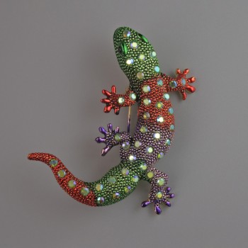 Lizard Brooch Pendant with Multicolored Enamel and Blue Crystals, Gold-Tone Metal 54x46mm