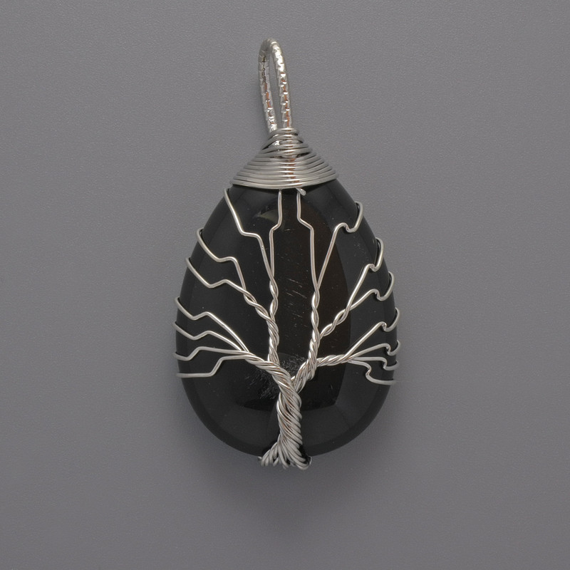 Black Agate Pendant in a Silver-Weave Setting, diameter 44x24x9mm+