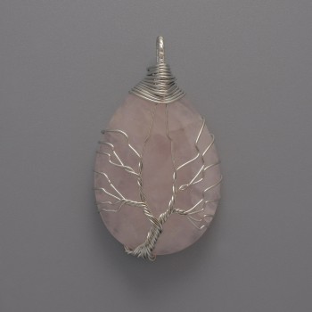 Pink Rose Quartz Pendant in Silver-Tone Wire-Wrapped Setting, diameter 46x26x10mm+