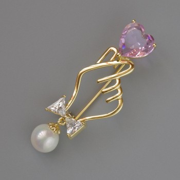 Brooch Symbol of Love with Pink and White Crystal, White Bead 45x16mm, Gold-tone Metal