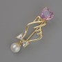 Brooch Symbol of Love with Pink and White Crystal, White Bead 45x16mm, Gold-tone Metal