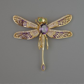 Butterfly Brooch with Purple Crystal, White and Green Rhinestones, 52x52mm Golden Metal