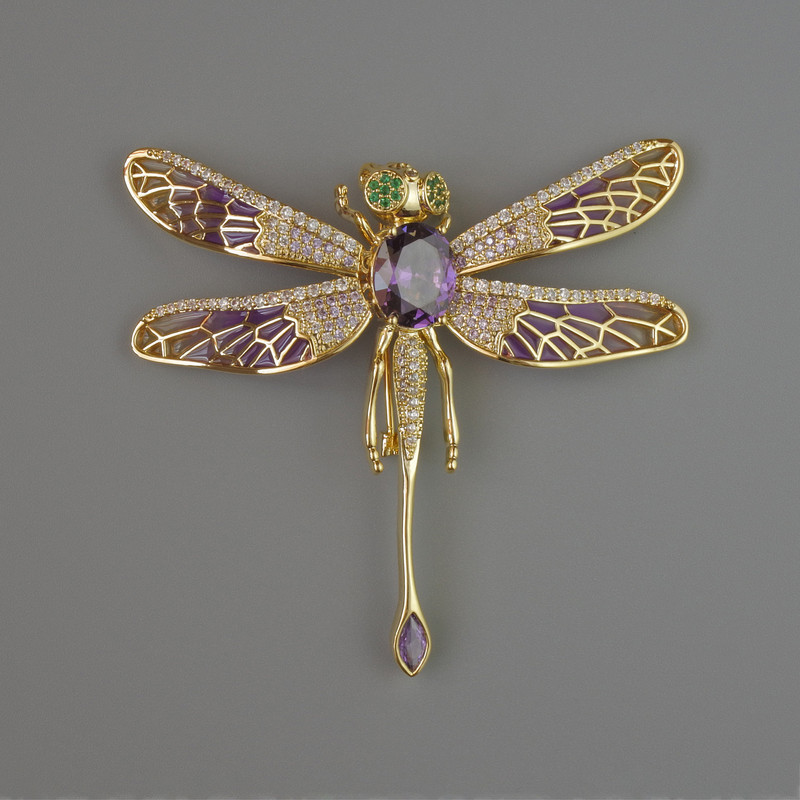 Butterfly Brooch with Purple Crystal, White and Green Rhinestones, 52x52mm Golden Metal