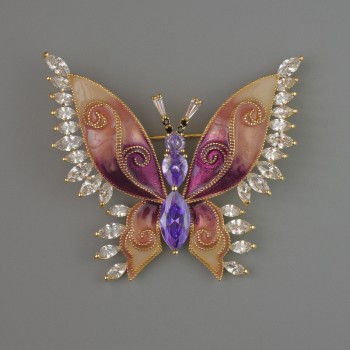 Butterfly Brooch with Purple and White Crystals, Beige and Raspberry Enamel, 45x52 mm, Gold-Tone Metal