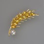 Brooch Ear of Wheat with Yellow Crystals and White Bead, 57x15 mm, Gold-tone Metal