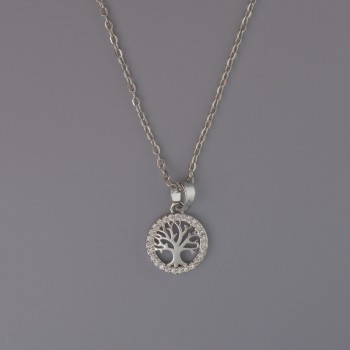 Pendant 'Tree' on a chain, silver-toned metal, diameter 11 mm, thickness 1 mm + -, length 40–45 cm +