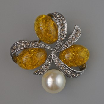 Brooch Amber (Imitation) Yellow, Gray Rhinestones and White Bead 45x45mm, Silver Metal