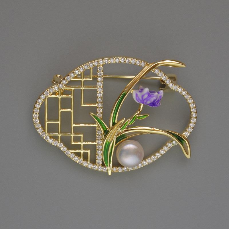 Flower Brooch with White Crystals and Bead, Green and Purple Enamel, 31x42 mm Gold-Tone Metal