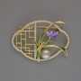 Flower Brooch with White Crystals and Bead, Green and Purple Enamel, 31x42 mm Gold-Tone Metal