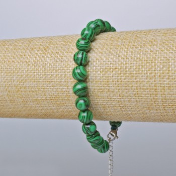 Malachite Bracelet (Imitation) Smooth Bead, 8 mm diameter, adjustable length 19–24 cm, silver clasp