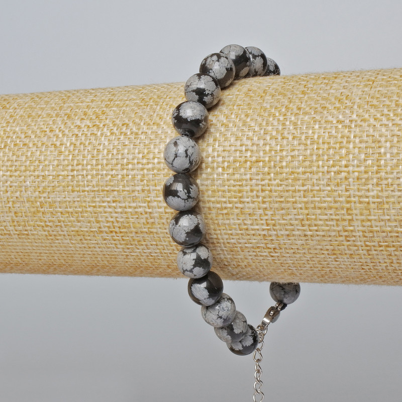 Snow Obsidian Bracelet (Pressed) Smooth Beads, 8.5 mm diameter + -, length 19-24 cm + - (Silver clasp)