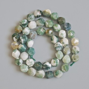 Moss Agate Beads, natural stone, faceted spheres, diameter 7.5 mm, length 37 cm on thread