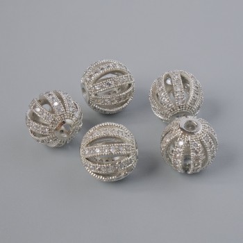 Bead insert with white crystals, 10 mm diameter, hole diameter 2.2 mm, silver-tone metal, 1 piece