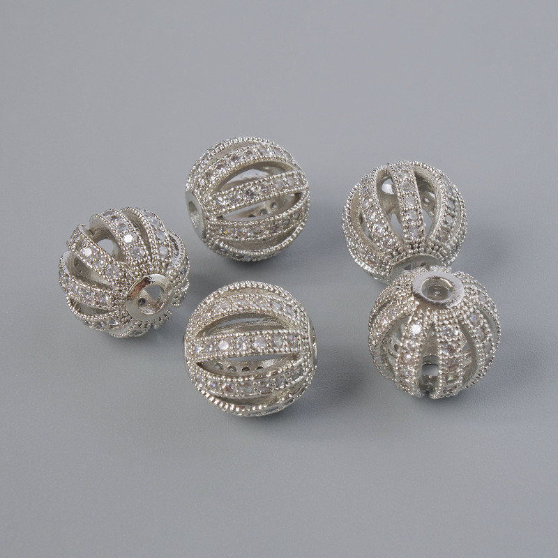 Bead insert with white crystals, 10 mm diameter, hole diameter 2.2 mm, silver-tone metal, 1 piece