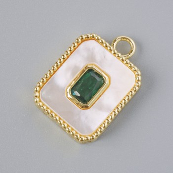 Pendant with mother-of-pearl and green crystal, golden-toned metal, diameter 20×14 mm
