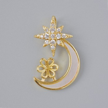 Pendant fittings "Moon" with mother-of-pearl and white rhinestones, gold-tone metal, diameter 21.5×14 mm