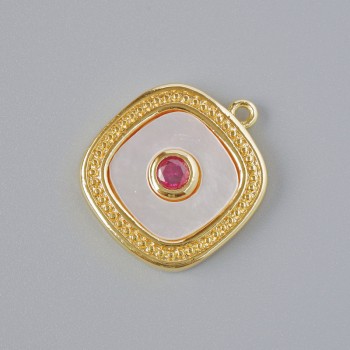 Pendant with mother-of-pearl and red crystal, gold-tone metal, diameter 17x15mm