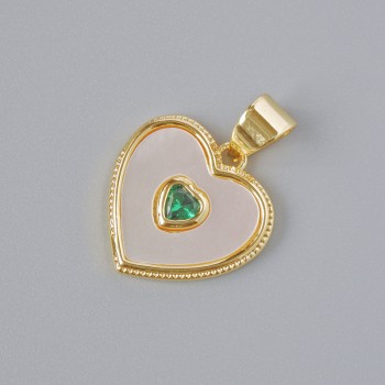 Pendant "Heart" with Mother-of-Pearl and Green Crystal, golden metal color, diameter 14×14 mm, length 19 mm+