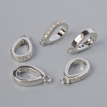 Pendant base with white rhinestones, silver-tone metal, 15x3 mm ± 1 pc