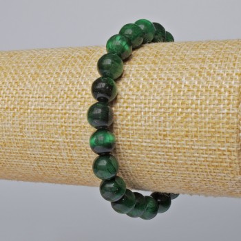 Bracelet with green cat's eye natural stone smooth beads, diameter 8.5 mm, length 18 cm (stretch)