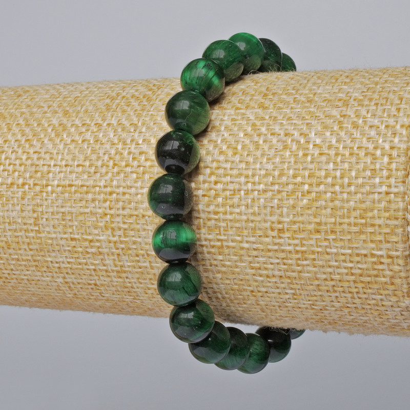 Bracelet with green cat's eye natural stone smooth beads, diameter 8.5 mm, length 18 cm (stretch)