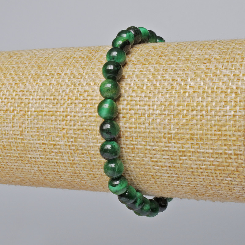 Bracelet with Green Cat's Eye Natural Stone, Smooth Beads, 6.5 mm Diameter, 18 cm Length (Stretch)