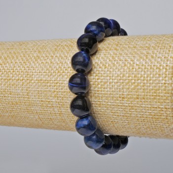 Blue Cat's Eye Bracelet - Natural Stone, Smooth Beads, Diameter 10.5 mm, Length 18 cm (Stretch)