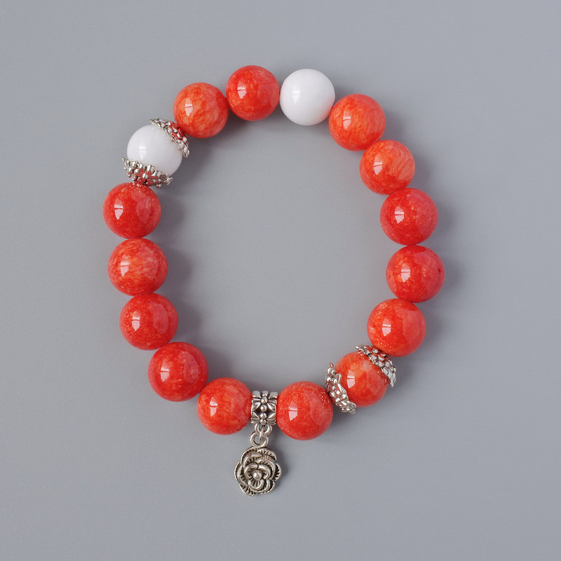 Bracelet Coral (Imitation Acrylic) and White Agate (Pressed), diameter 12 mm ±, length 18 cm ± (Stretch) with metal inserts