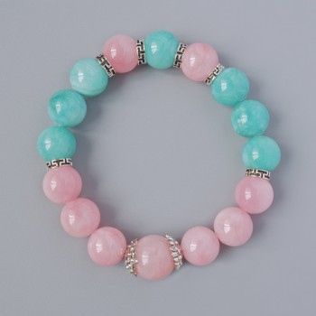 Bracelet Pink Quartz and Amazonite (Imitation Acrylic), diameter 12.5 mm ±, length 18 cm ± (stretch) with metal inserts
