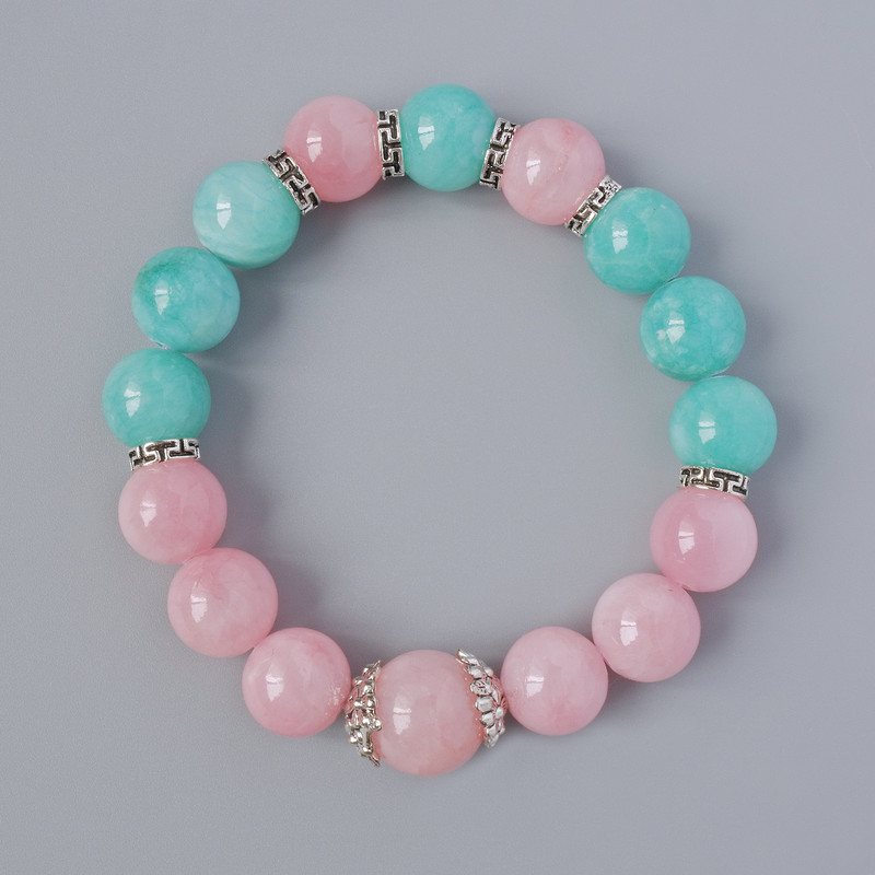 Bracelet Pink Quartz and Amazonite (Imitation Acrylic), diameter 12.5 mm ±, length 18 cm ± (stretch) with metal inserts