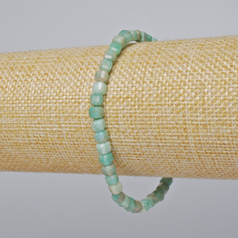 Amazonite Bracelet with Natural Stone, Faceted Cube Beads, 4mm Diameter, 18cm Length (Stretch)