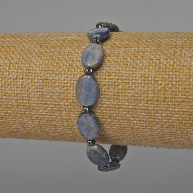 Kyanite Bracelet with Natural Stone, Oval Shape, 10x14 mm, Length 18 cm (Stretch) with Hematite Inlays