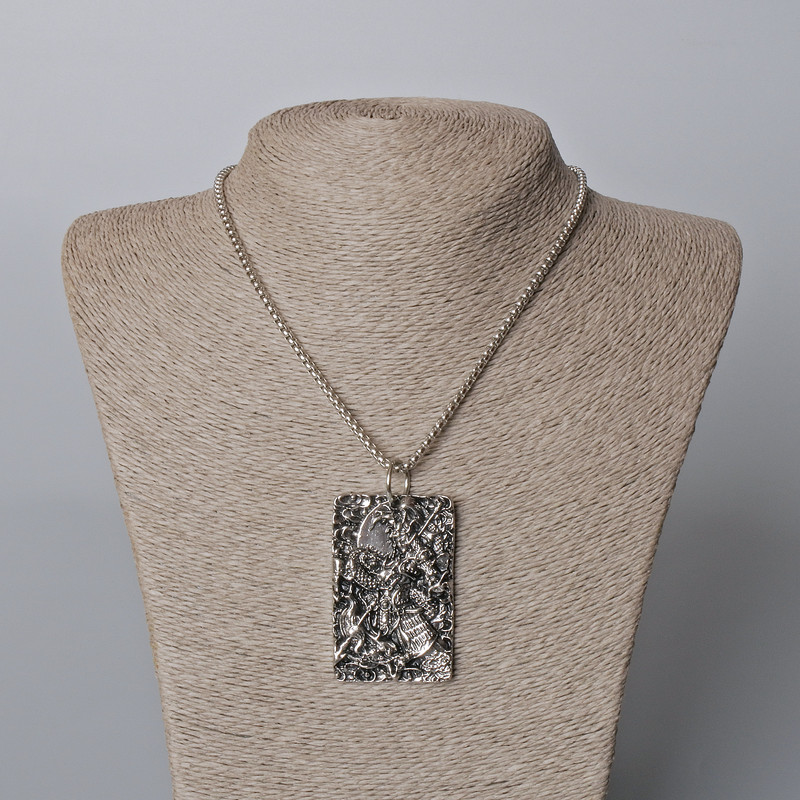 Pendant 'Samurai' 62×35 mm on chain, length 70 cm; silver-colored metal