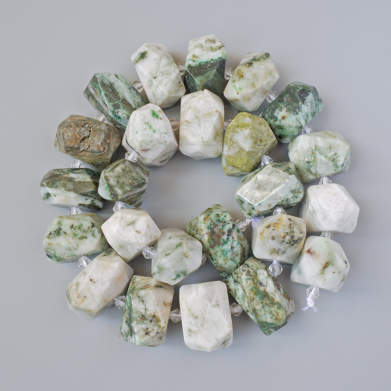 Moss Agate Beads, natural stone, faceted, diameter 20x13mm, length approx. 39cm, on thread with seed beads