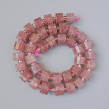 Beads Strawberry Quartz natural stone faceted disc, diameter 11x7 mm, length 39 cm, with seed beads on thread