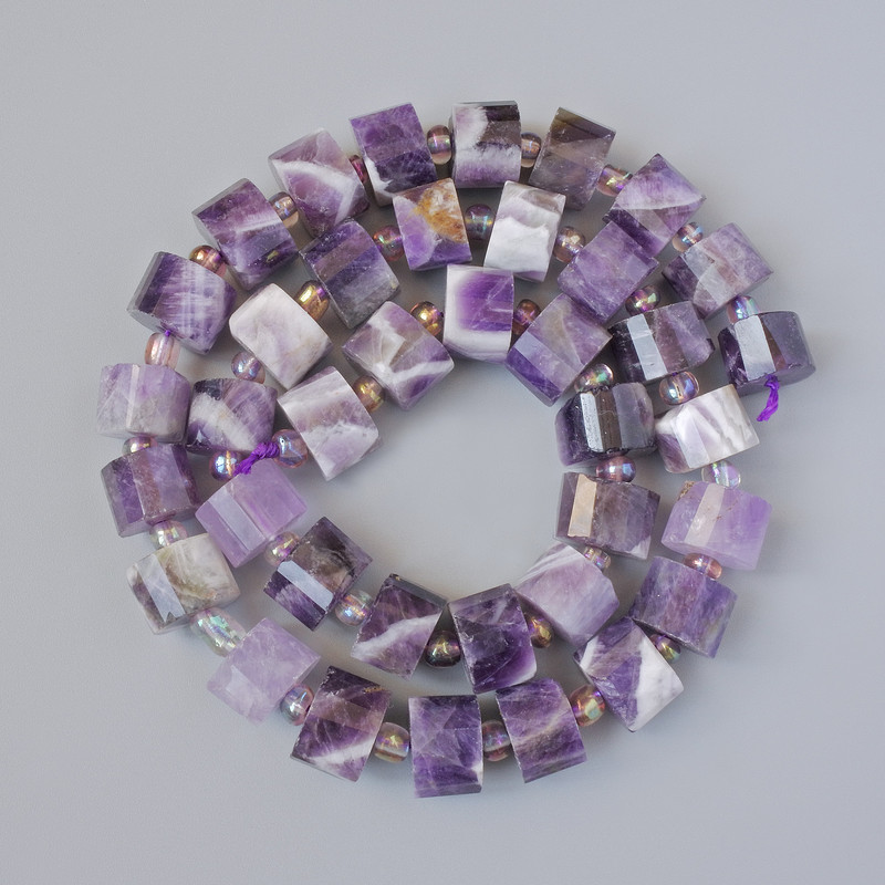 Amethyst beads natural stone, faceted disc, diameter 10.5×7 mm, length 38 cm ±, with seed beads on thread