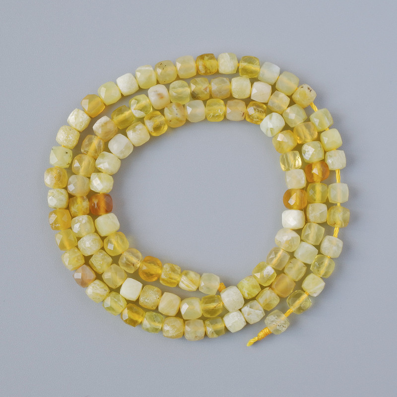 Yellow Opal Beads, natural gemstone, faceted cube, 4mm diameter, 39cm length on thread