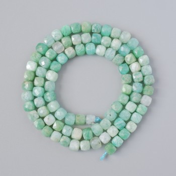 Amazonite Beads, Natural Stone, Faceted Cubes, 4 mm Diameter, 39 cm Length on Thread