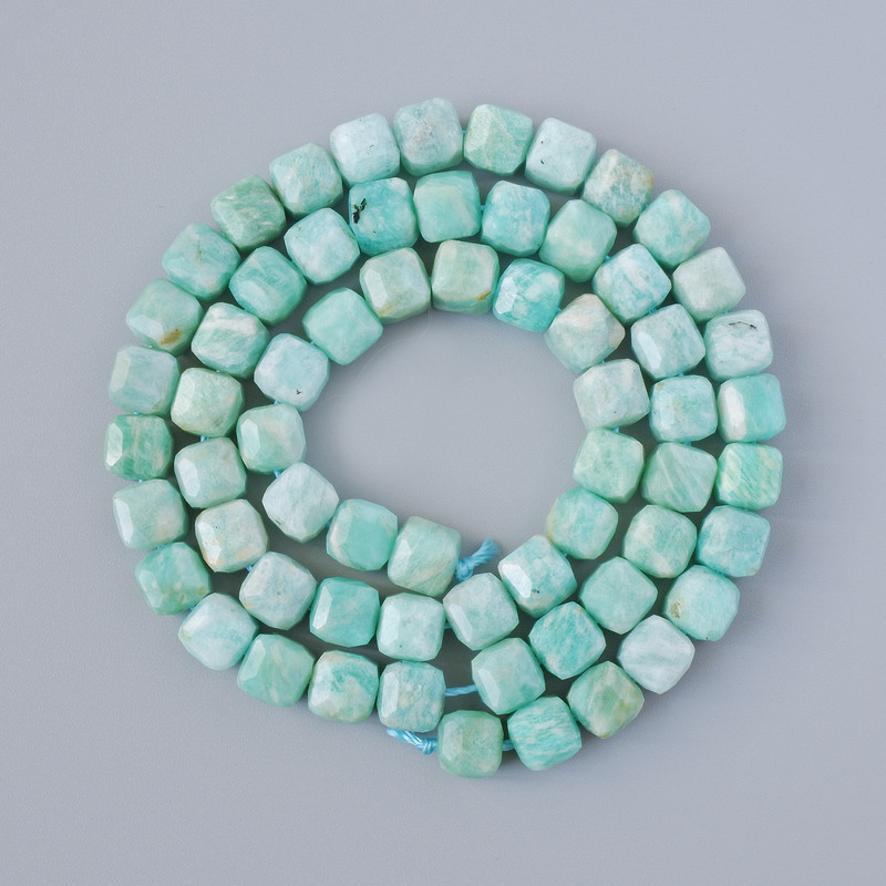 Amazonite beads, natural stone, faceted cubes, 6mm diameter, 38cm length on thread
