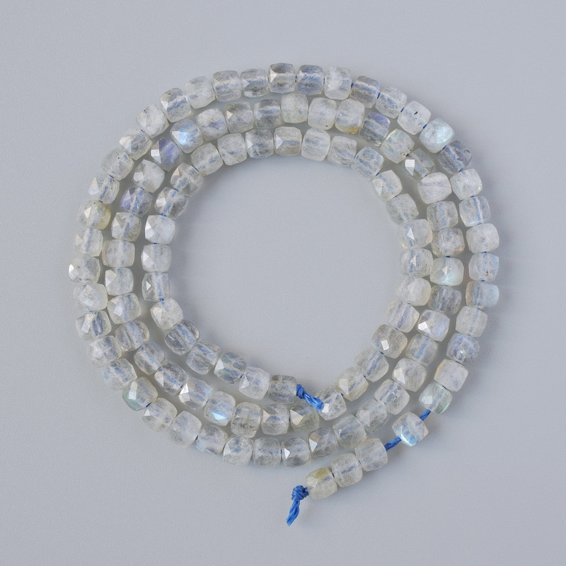 Labradorite Beads, Natural Stone, Faceted Cube, 4 mm Diameter +/-, 39 cm Length +/- on Thread